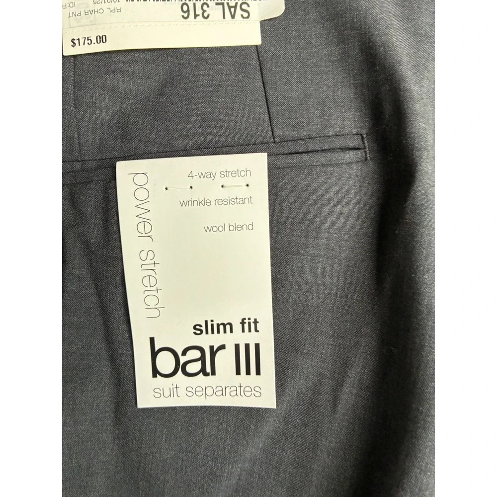 NWT Bar III Mens Slim Fit Power Stretch Wool Blend Suit Pants Gray 36W 30L